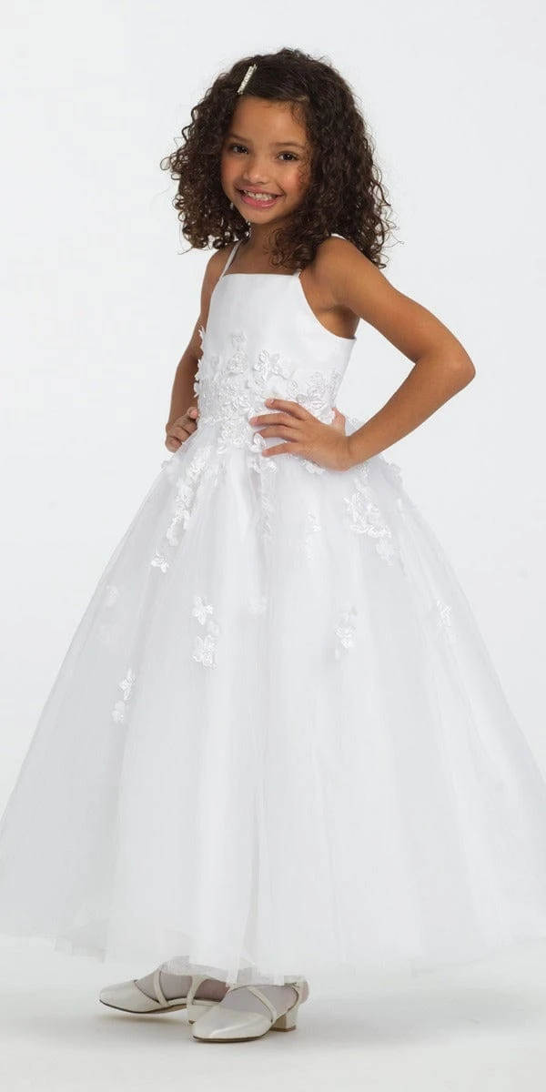 Satin Floral Applique Fit And Flare Flower Girl Dress