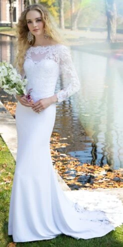 Long Sleeve V Back Crepe Dress With Embellished Appliques