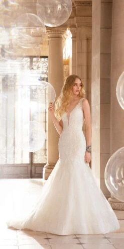 Rhinestone Studded Embroidered Plunging Glitter Trumpet Dress