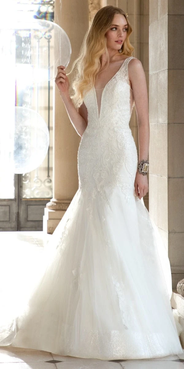 Rhinestone Studded Embroidered Plunging Glitter Trumpet Dress - Image 2