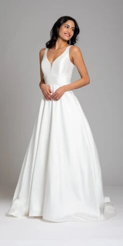 Mikado Plunging Button Back Ballgown With Chapel Train