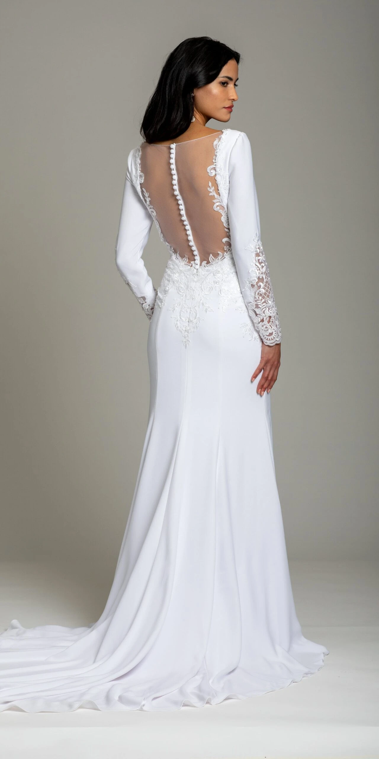 Crepe Embroidered Long Sleeve Illusion Back Column Dress - Image 2