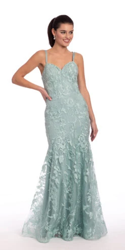 Embroidered Illusion Strappy Back Mermaid Dress