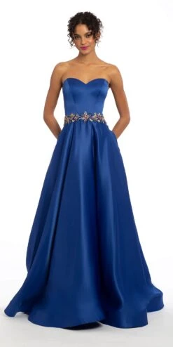 Sweetheart Satin A Line Dress With Beaded Waistband